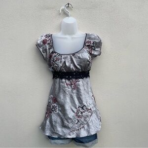 Floral Embroidered Silver and Black Baby Doll Top